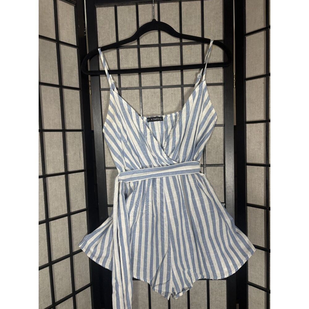 ZAFUL Blue White Striped Wrap Front Romper Tie Waist Shorts
